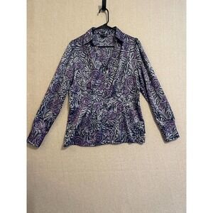 East 5th Blouse Women's Medium Purple & Gray Floral Button Up Long Sleeve